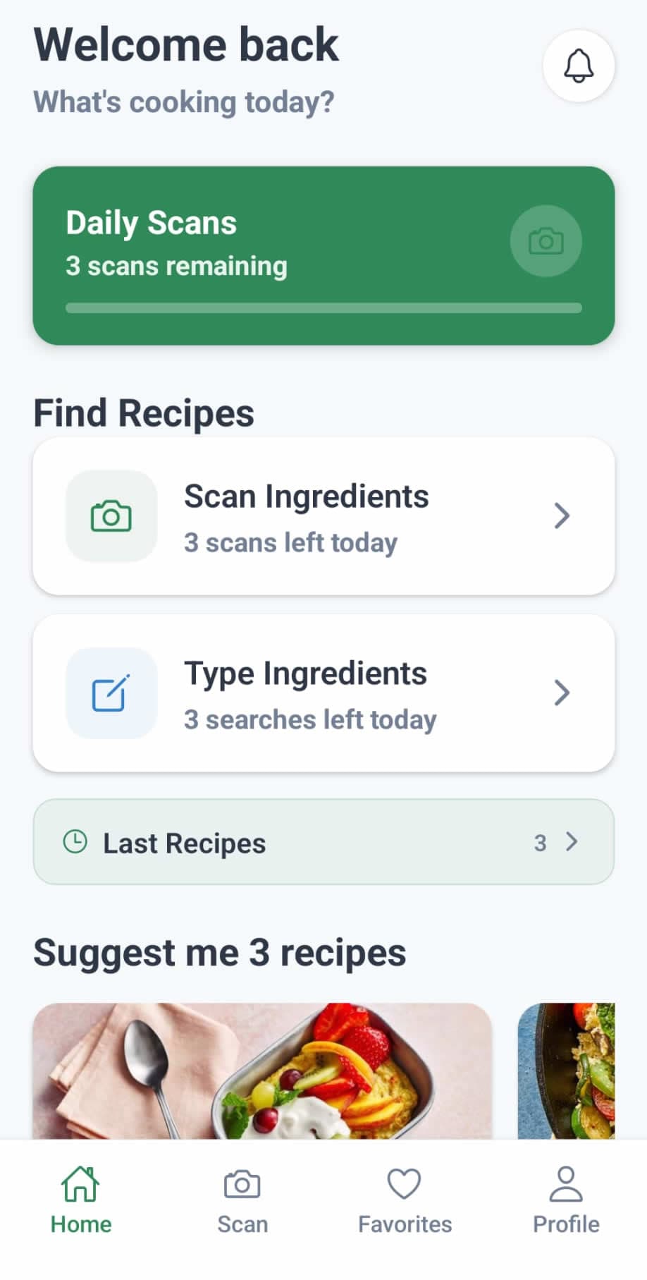 Home screen with daily scans, swaps, and meal planner